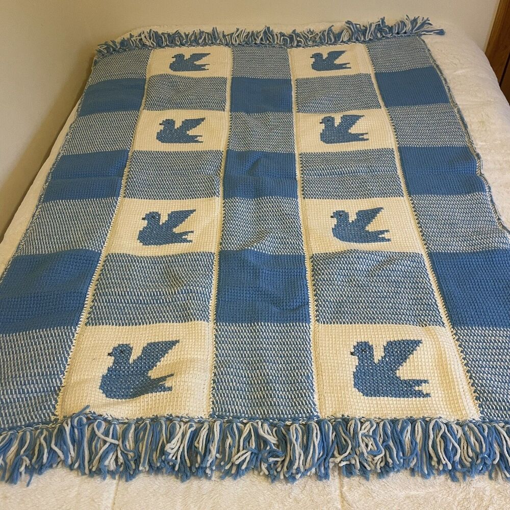 Handmade Crocheted Granny Square Bird Afghan Throw Lap Blanket Blue Cream 46x64”